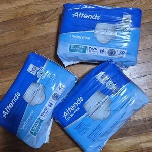 3 BAGS ATTEND UNDERWEAE Adult Diapers, Youth/Small 20"-34"